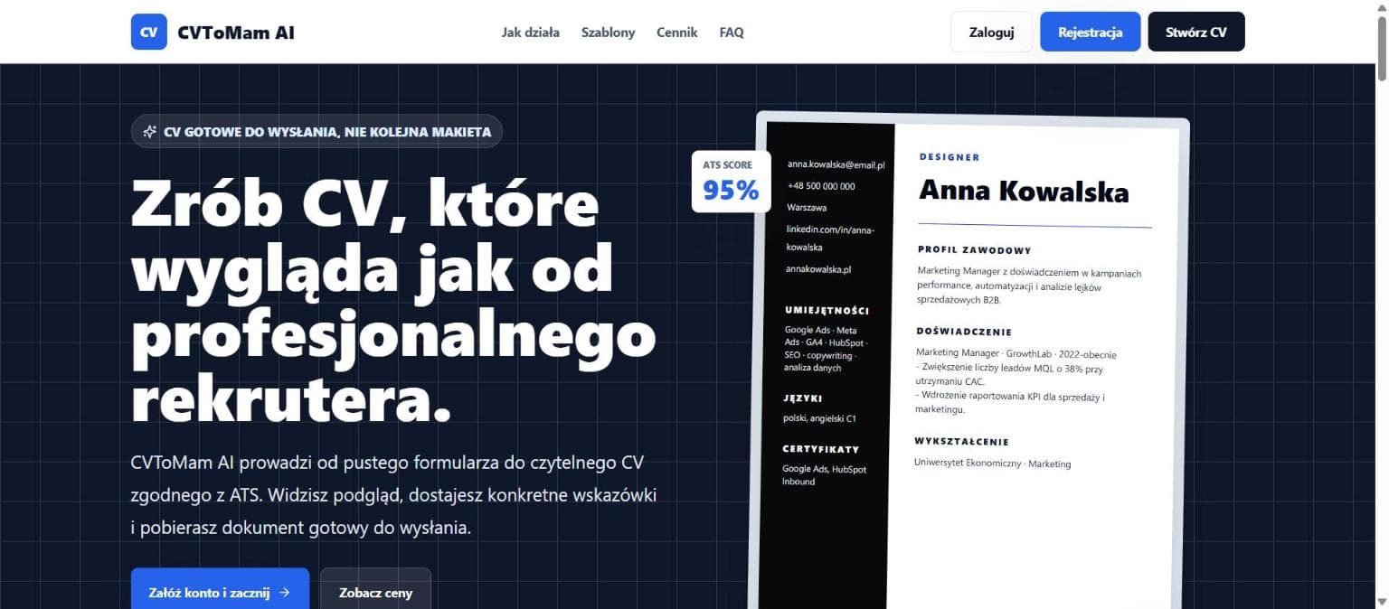 Zrzut ekranu strony CVtoMam